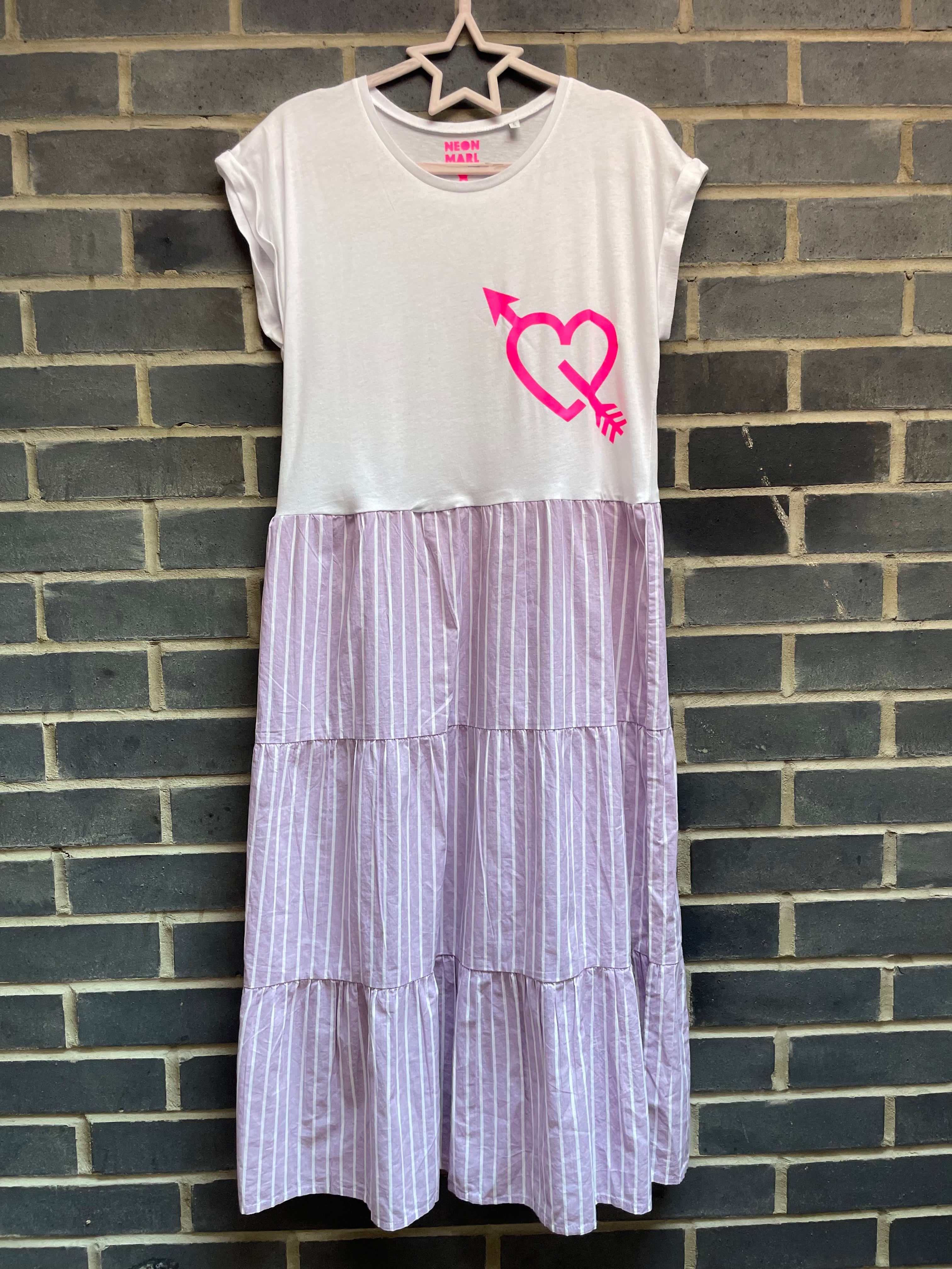 Bright pink arrow heart white tee mixed with lilac striped Neon Marl X CLJ repurposed dress