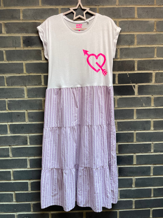 Bright pink arrow heart white tee mixed with lilac striped Neon Marl X CLJ repurposed dress