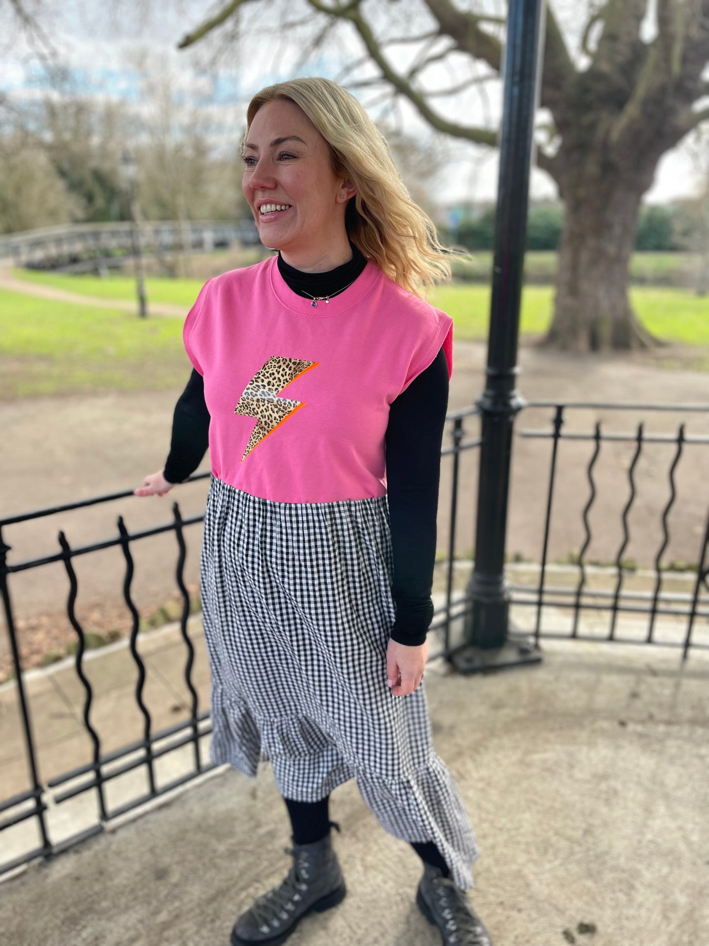 Pink lightning bolt gingham Neon Marl X CLJ repurposed dress