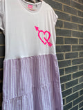 Bright pink arrow heart white tee mixed with lilac striped Neon Marl X CLJ repurposed dress