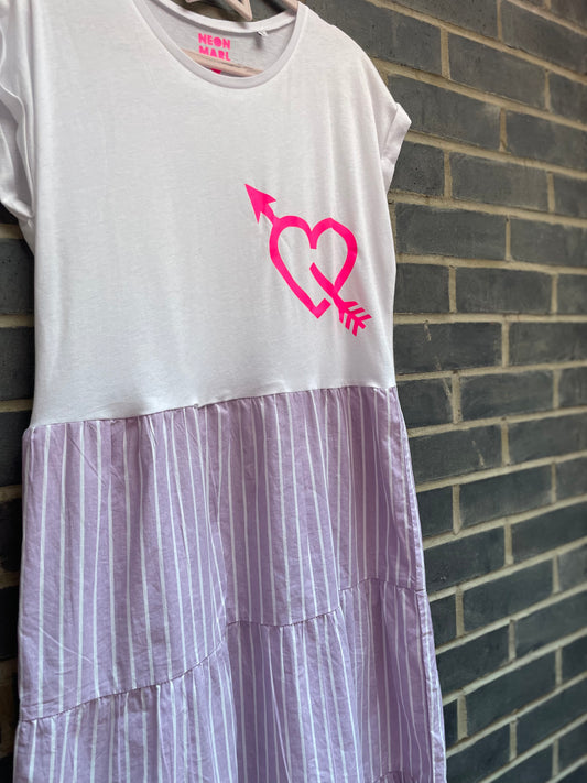 Bright pink arrow heart white tee mixed with lilac striped Neon Marl X CLJ repurposed dress